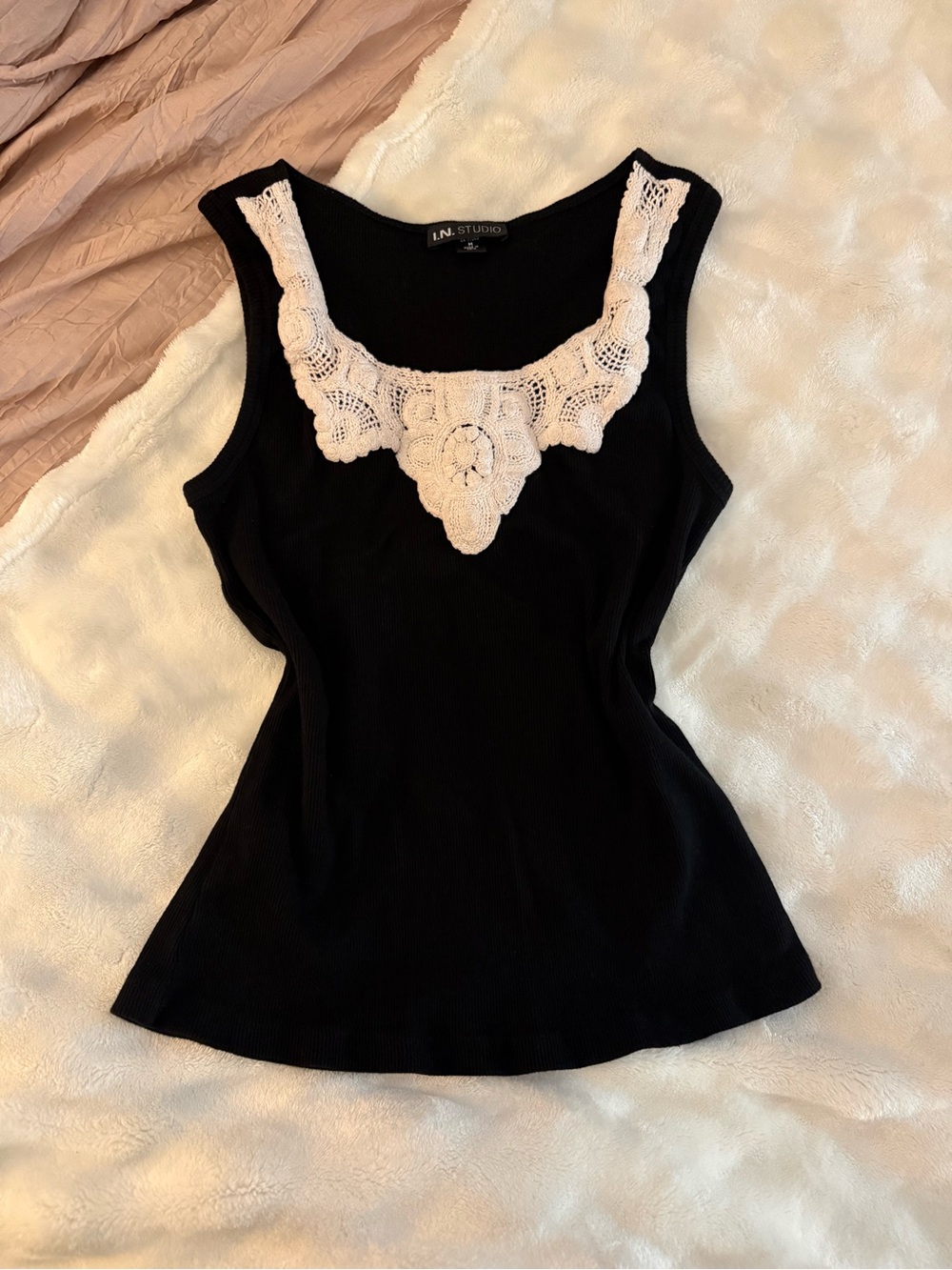 I.N. Studio Black Tank with White Crochet Yoke